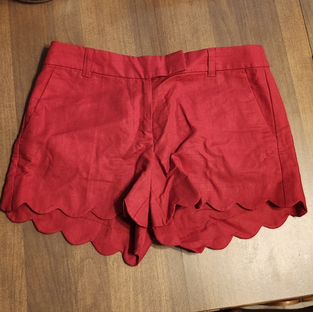 J. Crew Red High Waist Scalloped Hem Shorts
